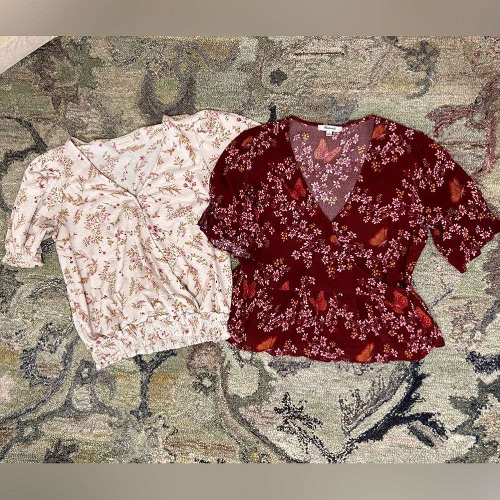 LOT of 2 cute floral wrap tops Madewell & Helloday beige and maroon butterfly